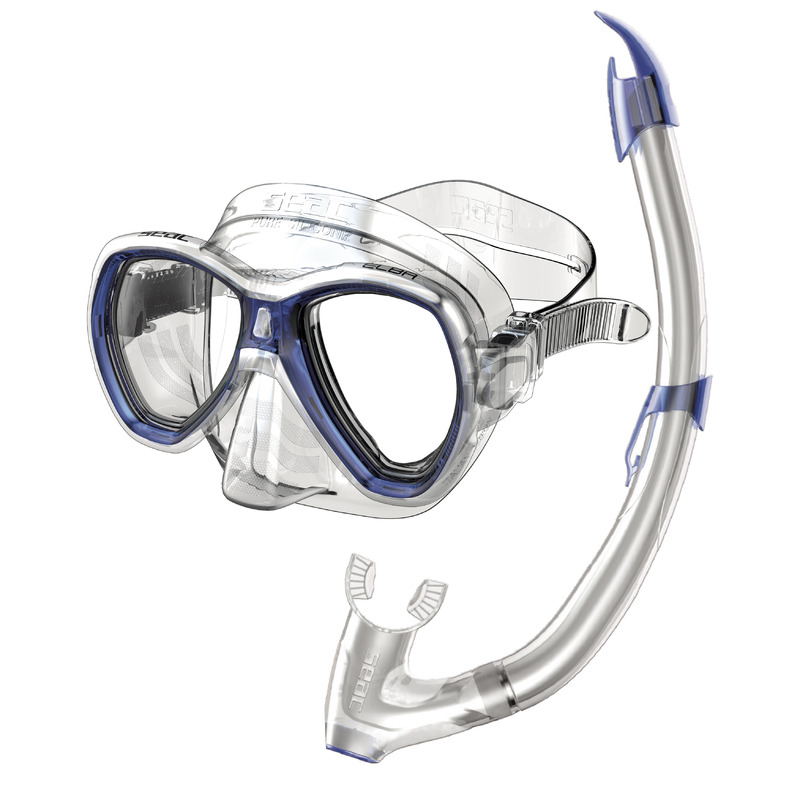 Das Seac Elba Valve Masken- und Schnorchelset für Erwachsene mit Zweiglasmaske und Schnorchel mit Spritzschutz und Ausblasventil.