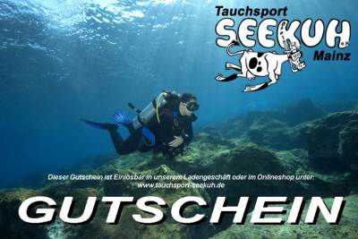 Wertgutschein Tauchsport Seekuh Mainz online laden Bild mit Taucher und Aufschrift GUTSCHEIN für Tauchsport Seekuh Mainz