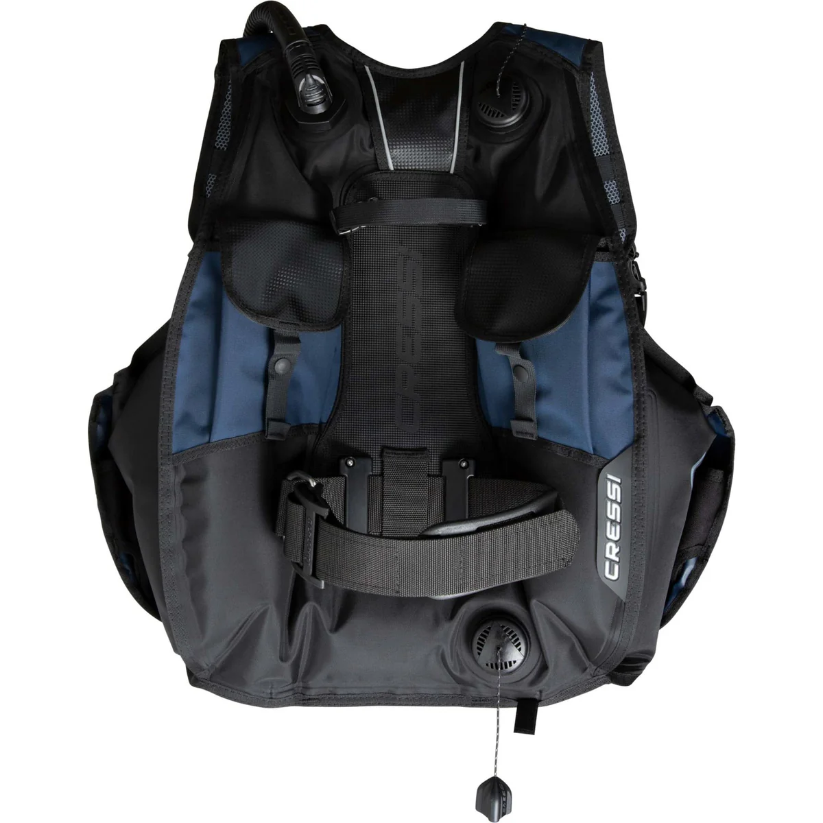 Die Rückansicht des Cressi Emperor Jackets zeigt die großzügige Hybrid-Auftriebsblase, die Flaschengurte und die hinteren Trimmbleitaschen.