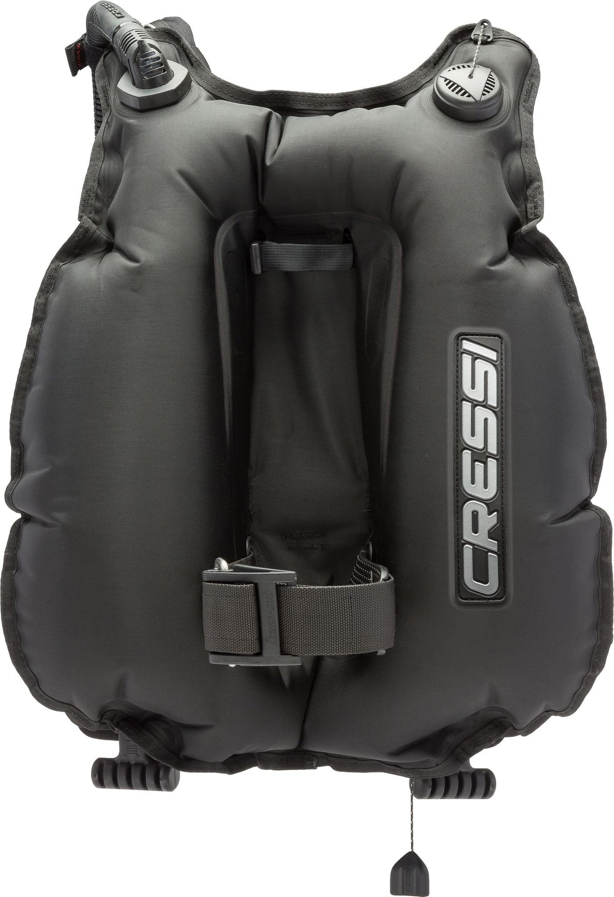 Die Rückansicht des Cressi Scorpion Jackets präsentiert die stromlinienförmige Rückenblase mit dem Bungee-Netz, das die Blase beim Entlüften flach anlegt.