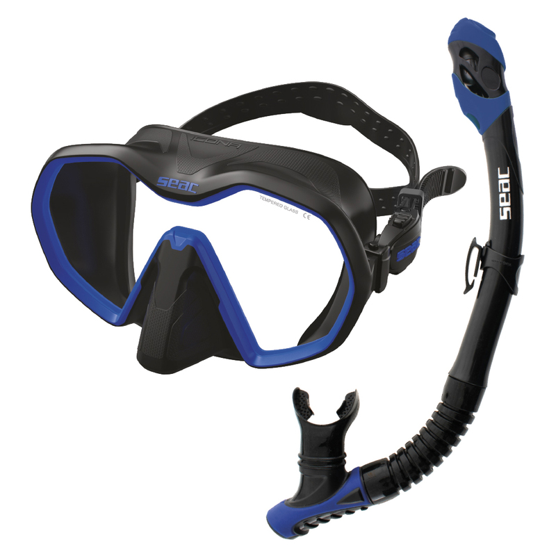 Das Seac Icona Dry Masken- und Schnorchelset bestehend aus der rahmenlosen Icona Panoramamaske und dem Reverse Dry Trockenschnorchel.