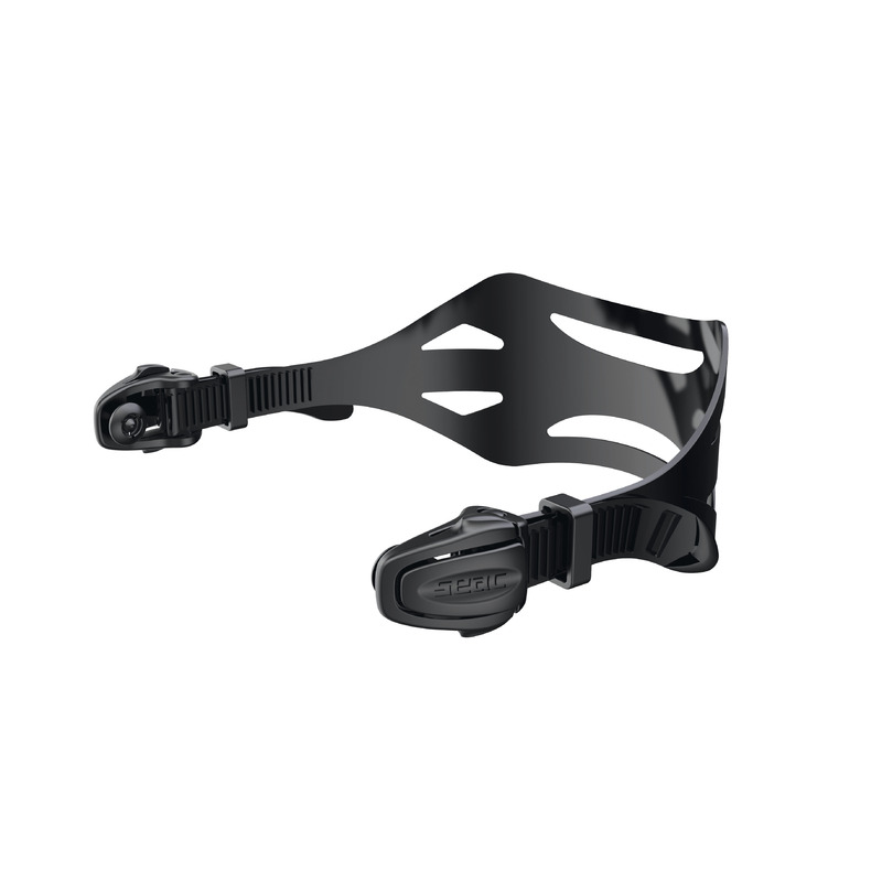 Das schwarze Seac Masken-Strap-Kit mit Schnallen aus weichem Liquid-Silikon für die Tauchmasken Boss, Iena, Chiara und Sunrise.