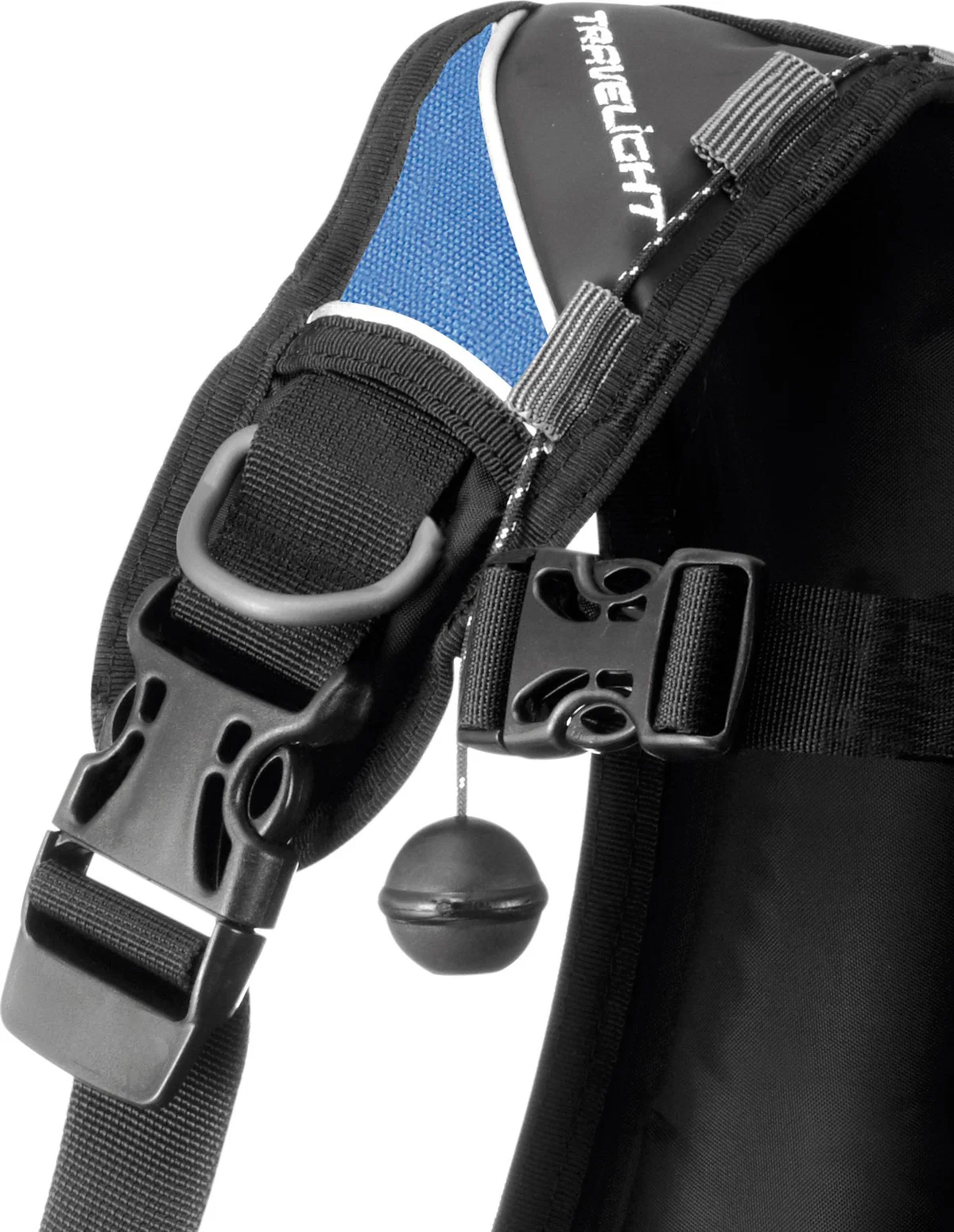 Die Rückansicht des blauen Cressi Travelight Jackets zeigt das weiche, gepolsterte Backplate, die zwei Flaschengurte und die Trimmbleitaschen.