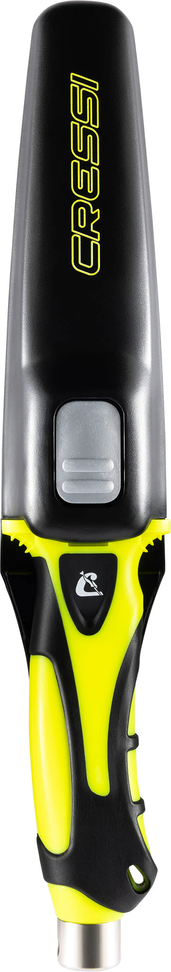 Das moderne Cressi Argus Tauchmesser in Schwarz und Gelb liegend neben seiner hydrodynamischen Push-Button-Scheide und den Befestigungsriemen.