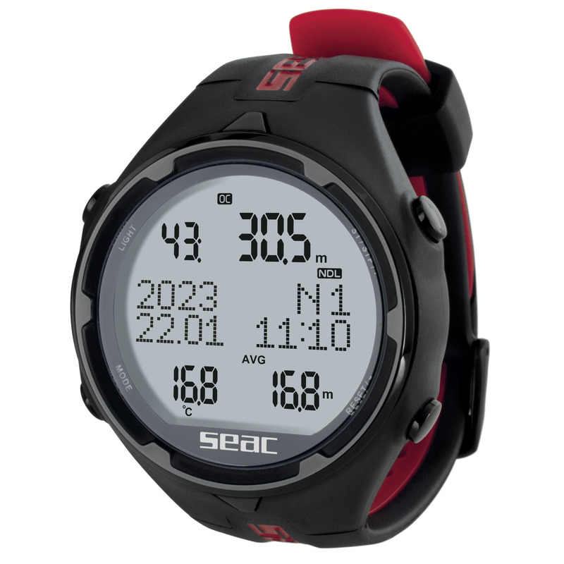 Seac Action H.R. Tauchcomputer in Schwarz/Rot mit rundem Display und Armband