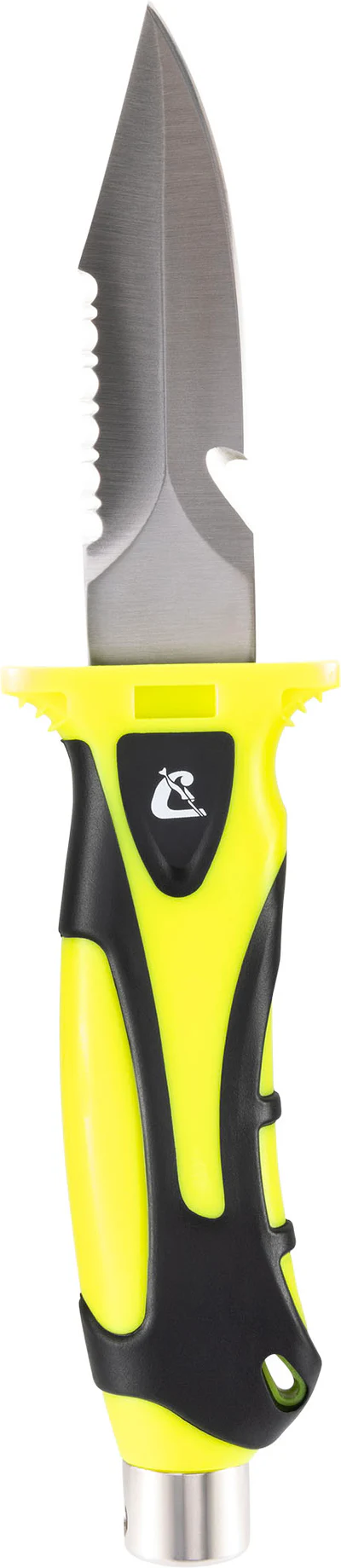 Detailansicht der Edelstahl-Klinge des Cressi Argus mit Glattschliff, aggressiver Sägezahnung und dem integrierten Leinencutter an der Basis.