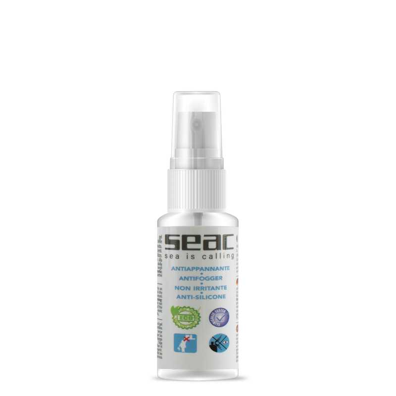 Das 100 % biologische Seac Bio Gel Antibeschlagmittel in der 30-ml-Flasche für klare Sicht in der Tauchmaske.