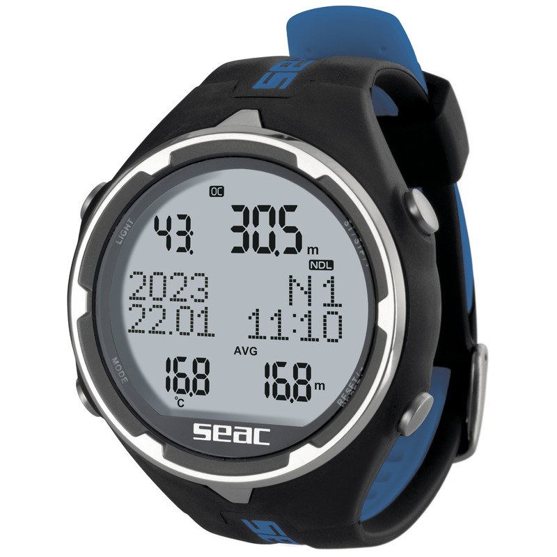 Seac Action Tauchcomputer in Schwarz/Blau mit rundem Display und Armband