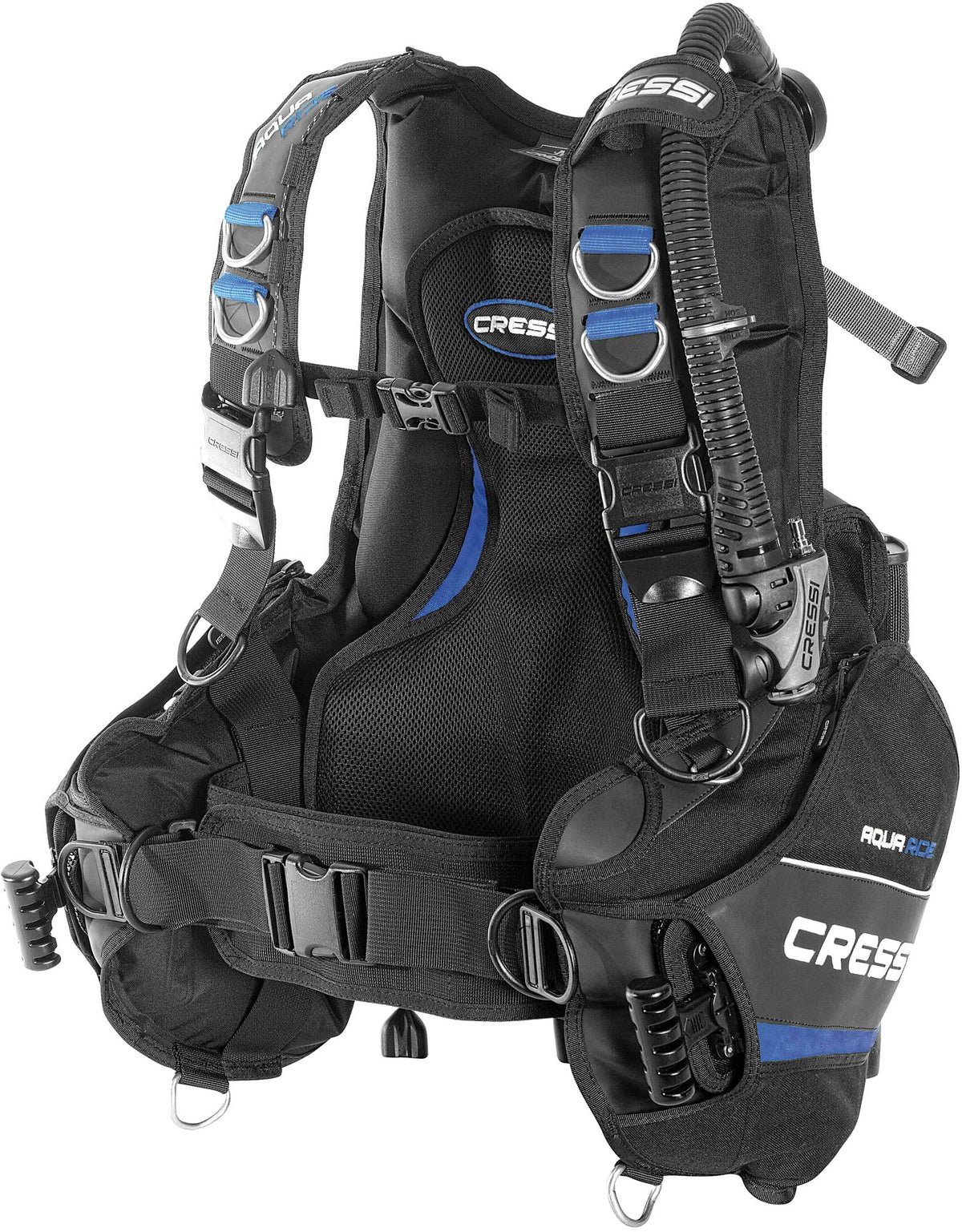 Das Cressi Aquaride ADV Tarierjacket in der Frontansicht mit integrierten Bleitaschen, großen Reißverschlusstaschen und Inflator.