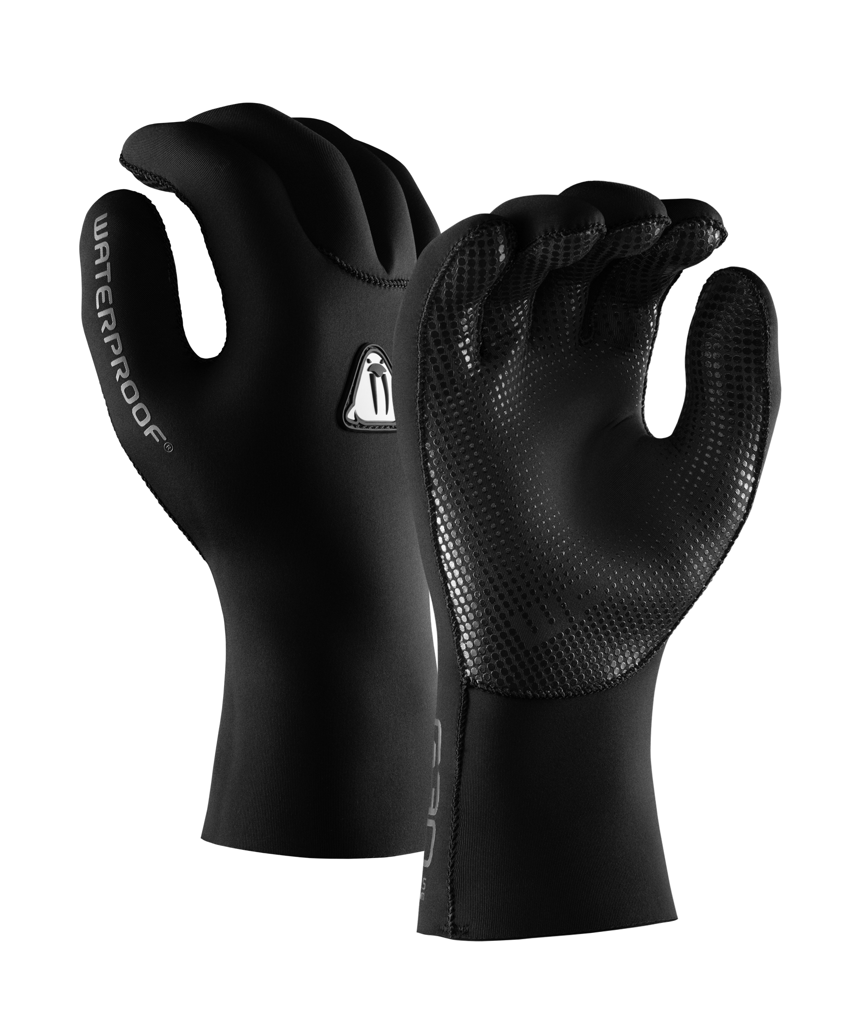 Schwarze Waterproof G30 2,5mm Superstretch 5-Finger-Tauchhandschuhe mit Anti-Rutsch-Beschichtung auf den Handflächen