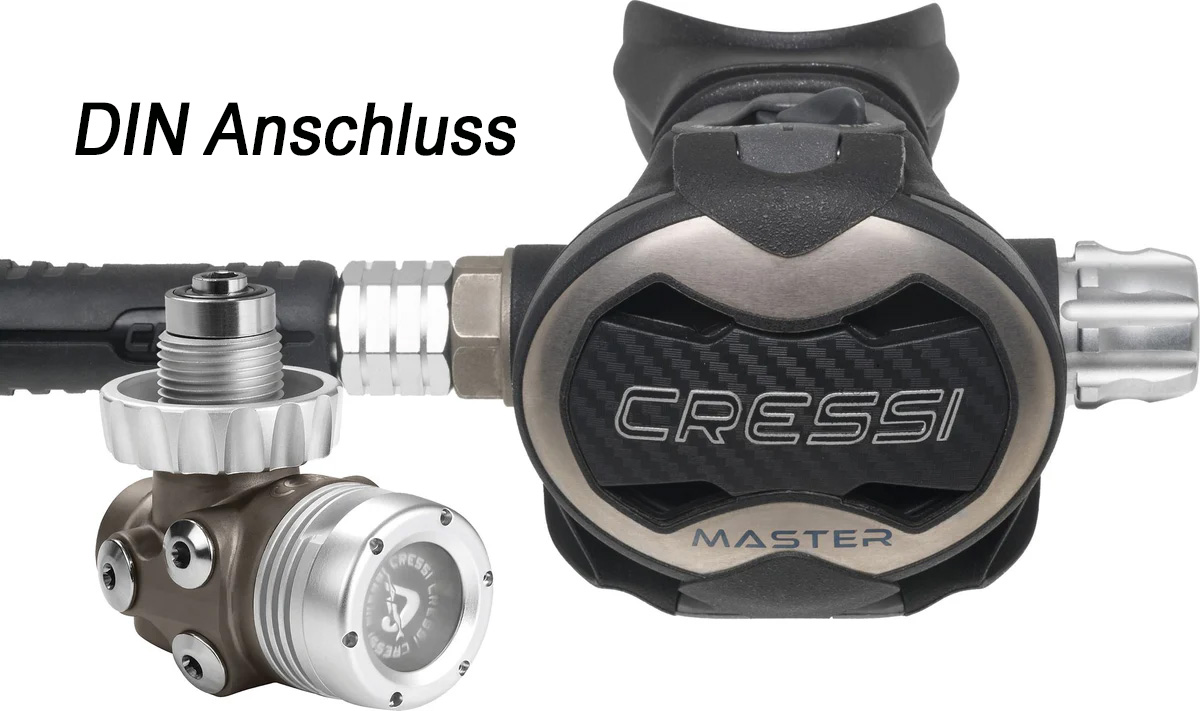 Der Cressi T10-SC PVD Master DIN Atemregler. Zeigt die PVD beschichtete Erste Stufe und die ergonomische Zweite Stufe