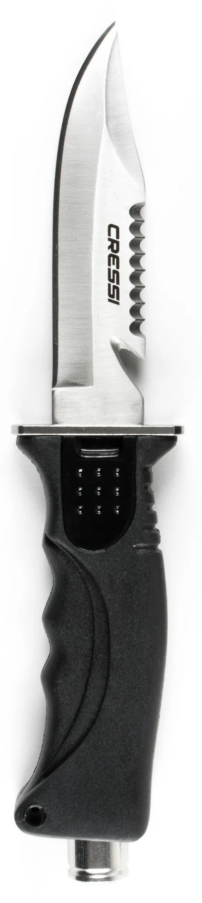 Detailansicht der 11 cm langen Edelstahl-Klinge des Cressi Skorpion mit Glattschliff, Wellenschliff und dem integrierten Leinencutter.