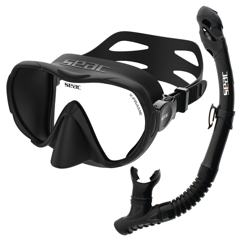 Das Seac X-Frame Reverse Dry Masken- und Schnorchelset mit X-Rahmen Panoramamaske und Reverse Dry Trockenschnorchel.