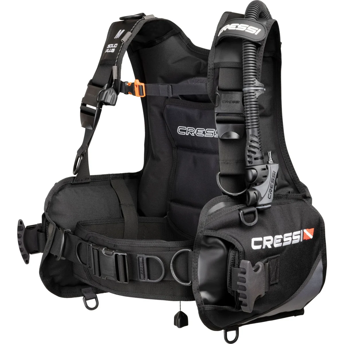 Das hochrobuste Cressi Solid Plus Tarierjacket in der Frontansicht, die das 500D Cordura Material und das Quick Lock Bleisystem zeigt.