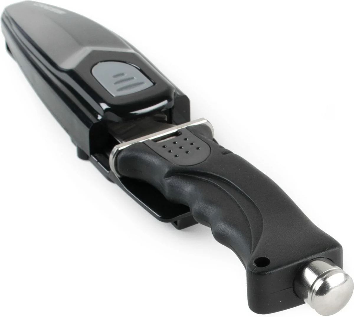 Nahaufnahme des ergonomischen Griffs und der Messerscheide des Cressi Skorpion, die den mechanischen Push-Button zur Einhand-Bedienung zeigt.