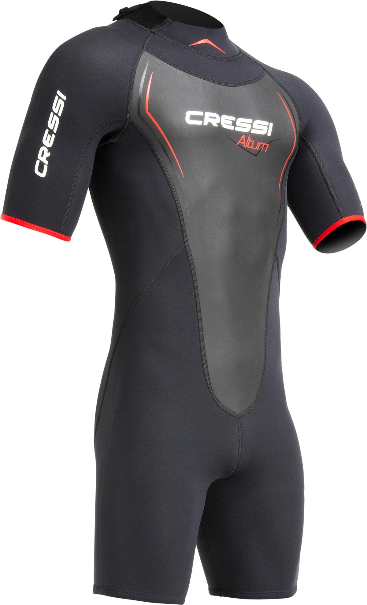 Der Cressi Shorty Altum Herren Neoprenanzug (3mm) in der Frontansicht, der den sportlichen Herrenschnitt mit kurzen Ärmeln und Beinen zeigt.