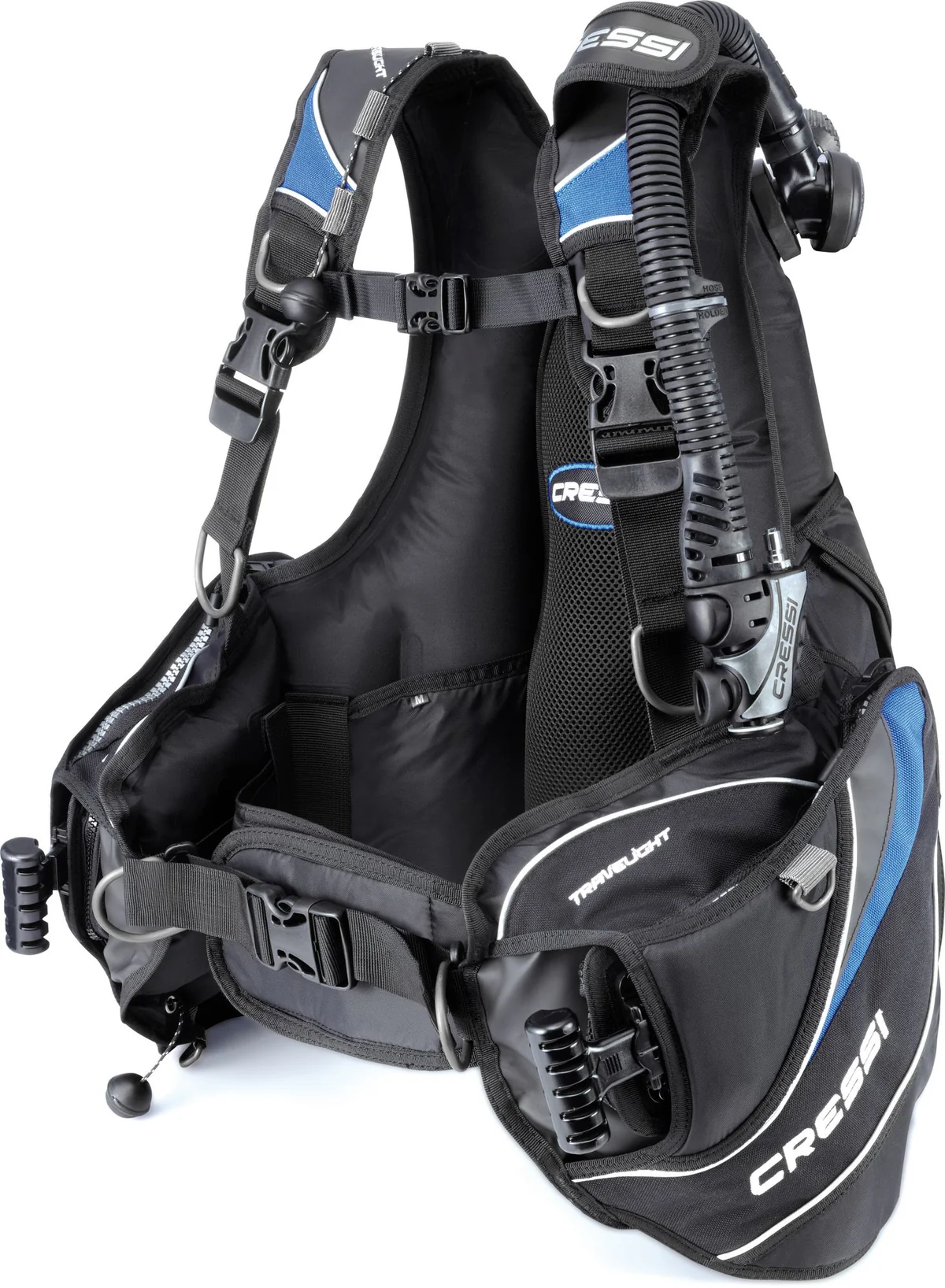 Das Cressi Travelight Reise-Tarierjacket in der Farbe Blau, Frontansicht mit integrierten Bleitaschen und den Leichtmetall-D-Ringen.