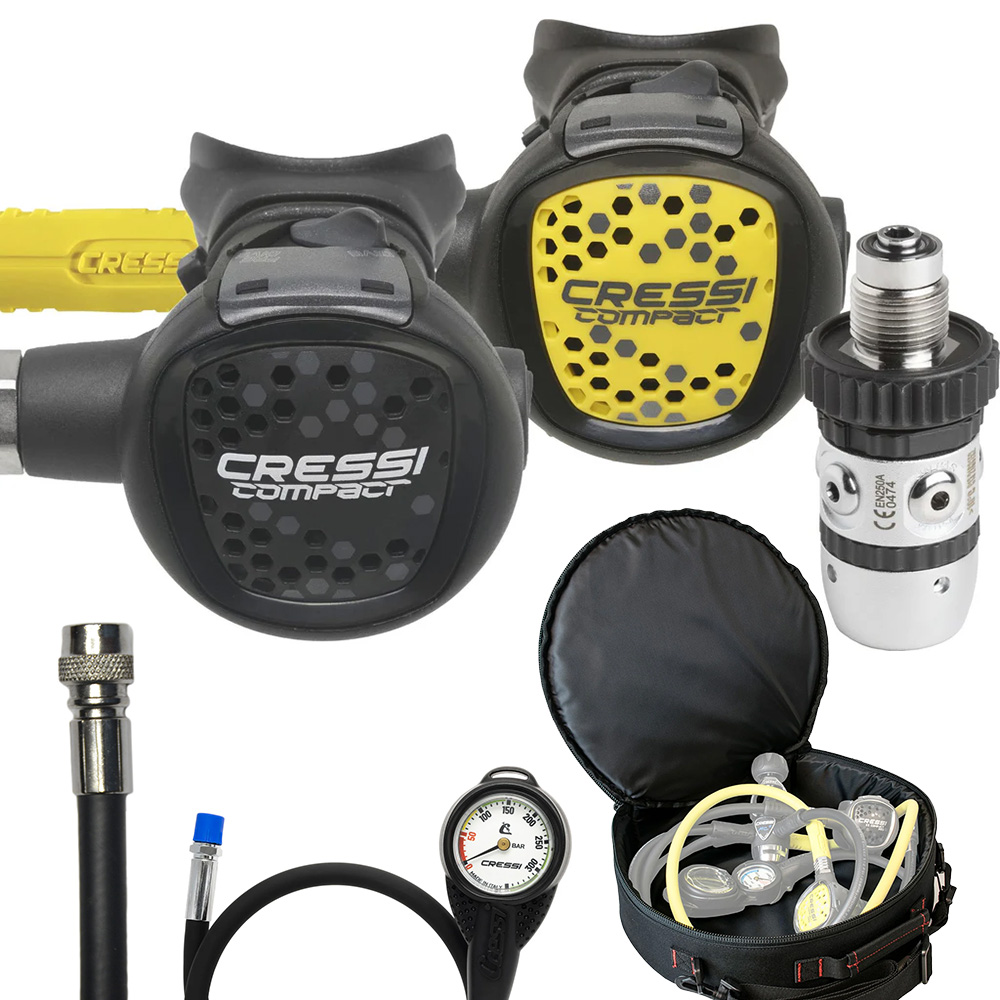 Cressi AC2 DIN Compact Atemregler Octopus Oktopus Warmwasser Urlaub komplett Finimeter Tasche Komplettset