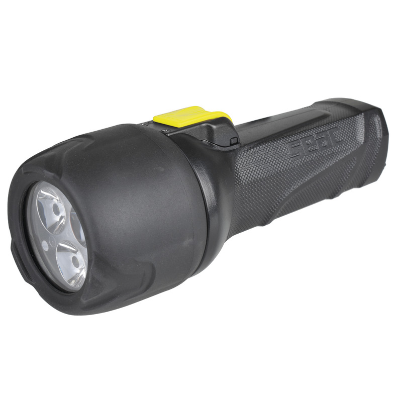 Die kompakte Seac Q5 LED Unterwasser-Handlampe mit 700 Lumen aus robustem Kunststoff, betriebsbereit mit AA-Batterien.