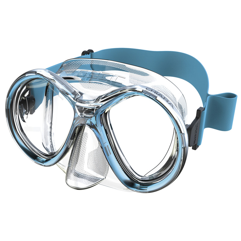 Die Seac Chiara Tauchmaske in der Produktansicht. Leichte Zweiglas-Maske aus 3 mm Temperglas mit haarschonendem elastischen Textil-Maskenband.