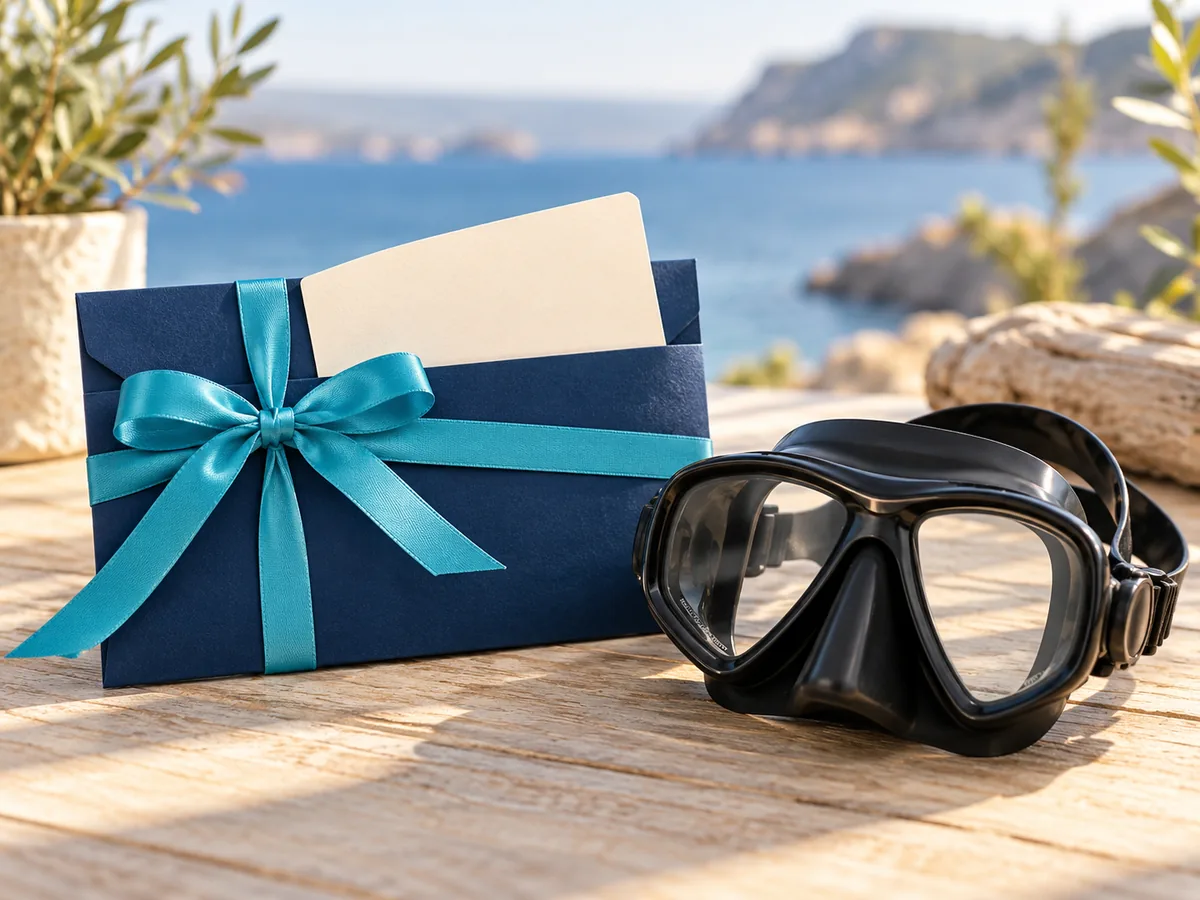 Geschenkumschlag mit Schleife neben einer Tauchmaske.