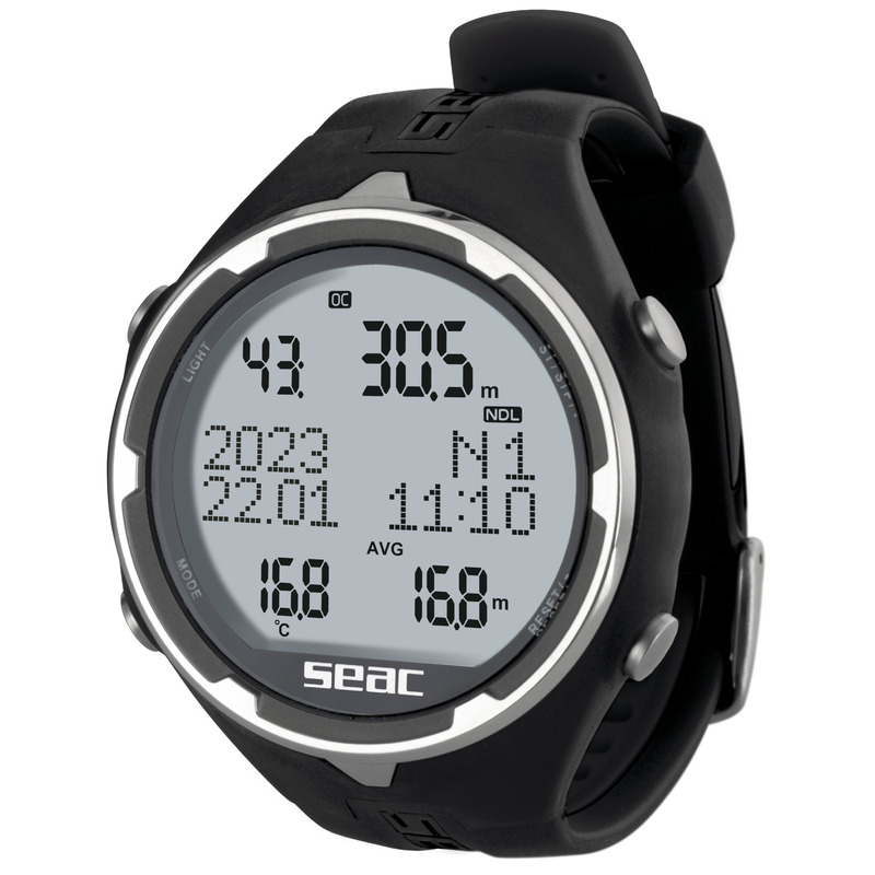 Schwarzer Seac Action Tauchcomputer mit rundem Display und Armband