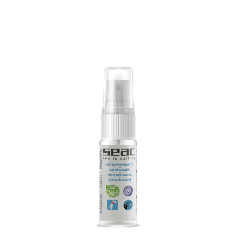 Das 100 % biologische Seac Bio Gel Antibeschlagmittel in der kompakten 15-ml-Tropf-Flasche für klare Sicht in der Tauchmaske.
