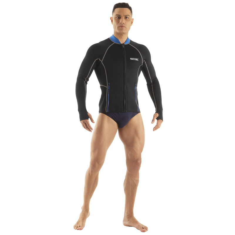 Das Seac Lover Long Herren 2 mm Neopren-Oberteil in der Frontansicht. Langärmliges Neoprenshirt mit Frontreißverschluss für Wassersport und Tauchen.