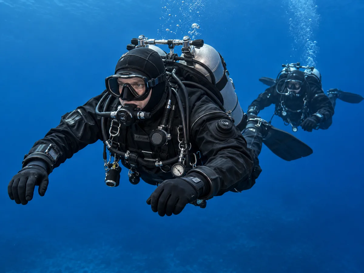 Technischer Taucher mit Doppelgerät und Wing im Freiwasser.