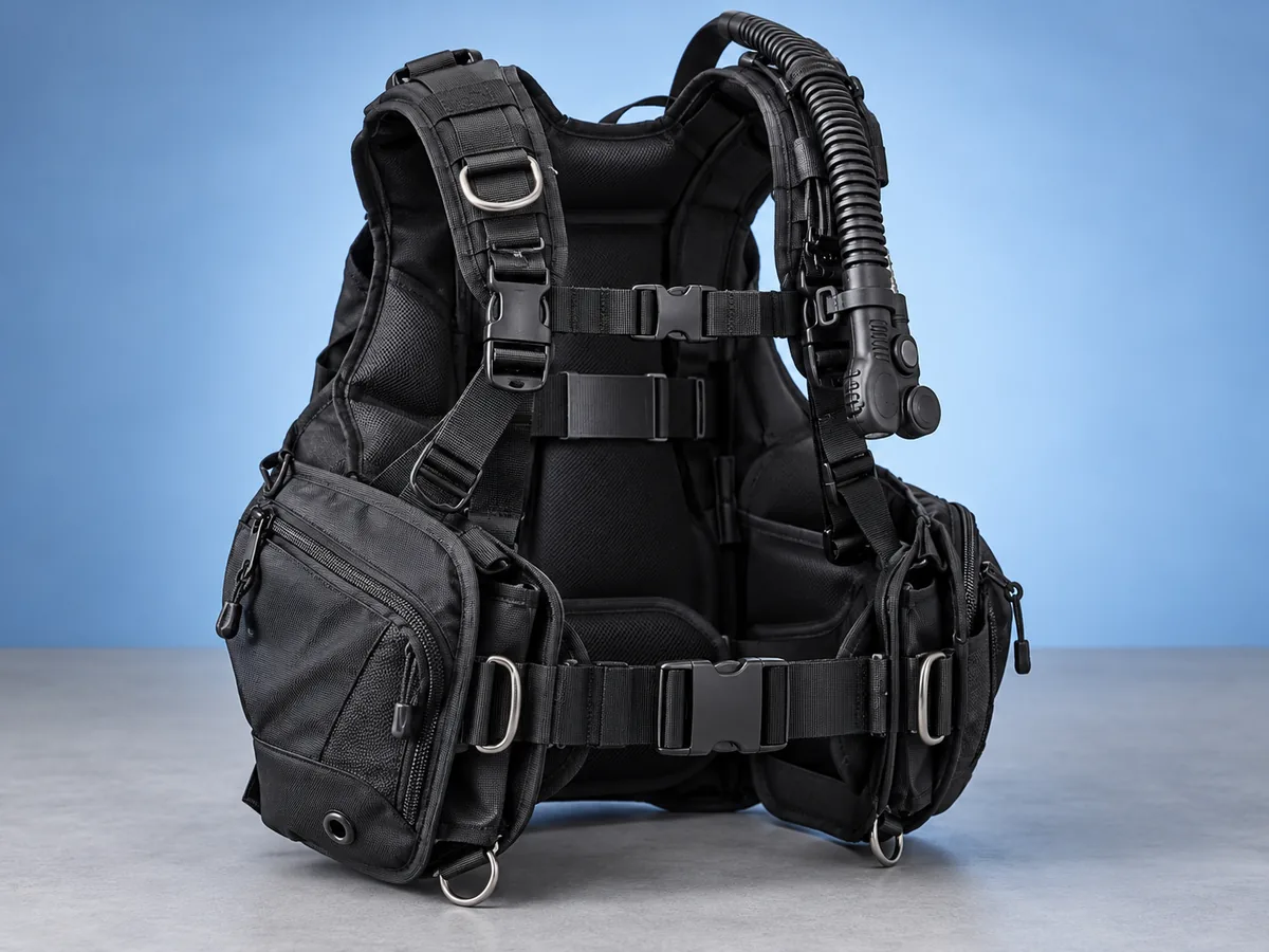 Ein Tarierjacket mit Inflatorschlauch und Befestigungsgurten.