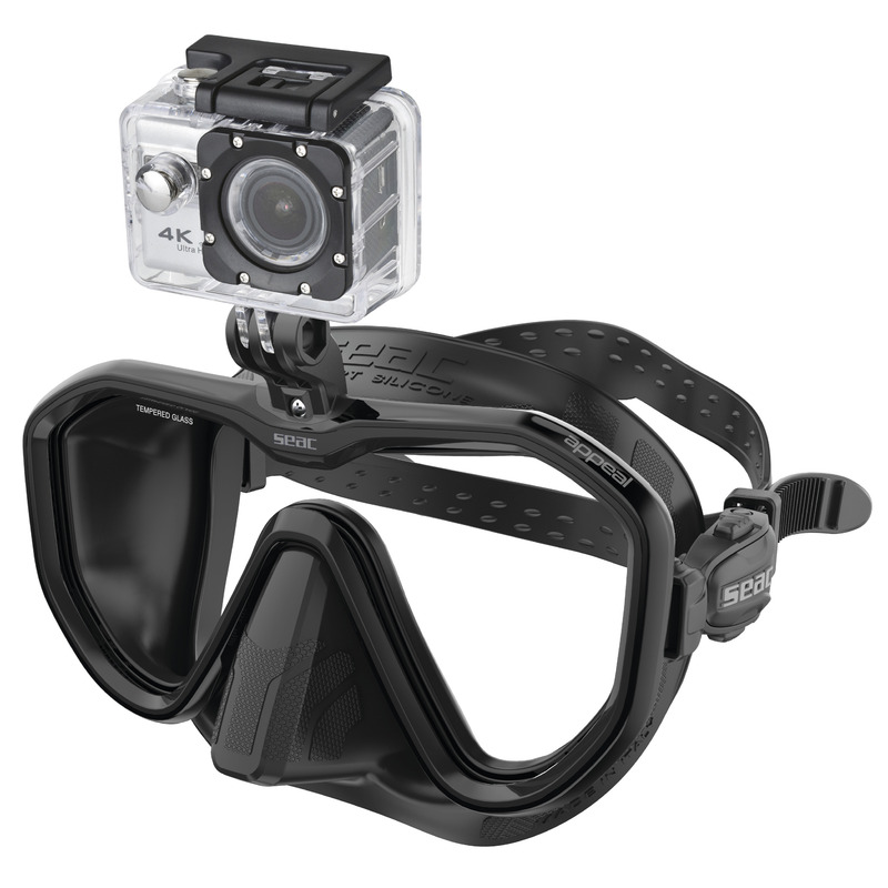 Die Seac Appeal Pro Tauchmaske in der Produktansicht. Weites 4 mm Temperglas-Einglas mit integrierter Action-Cam-Halterung für GoPro.