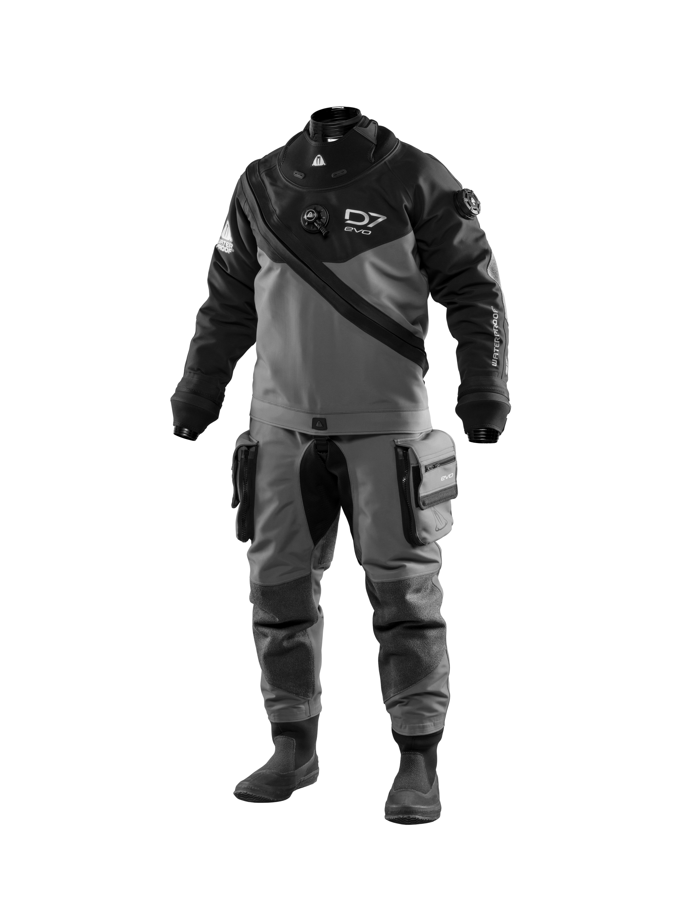 Vorderseite Waterproof D7 EVO Premium Trilaminat Trockentauchanzug aus weichem Nylotech-Material für anspruchsvolle Tech- und Kaltwassertaucher