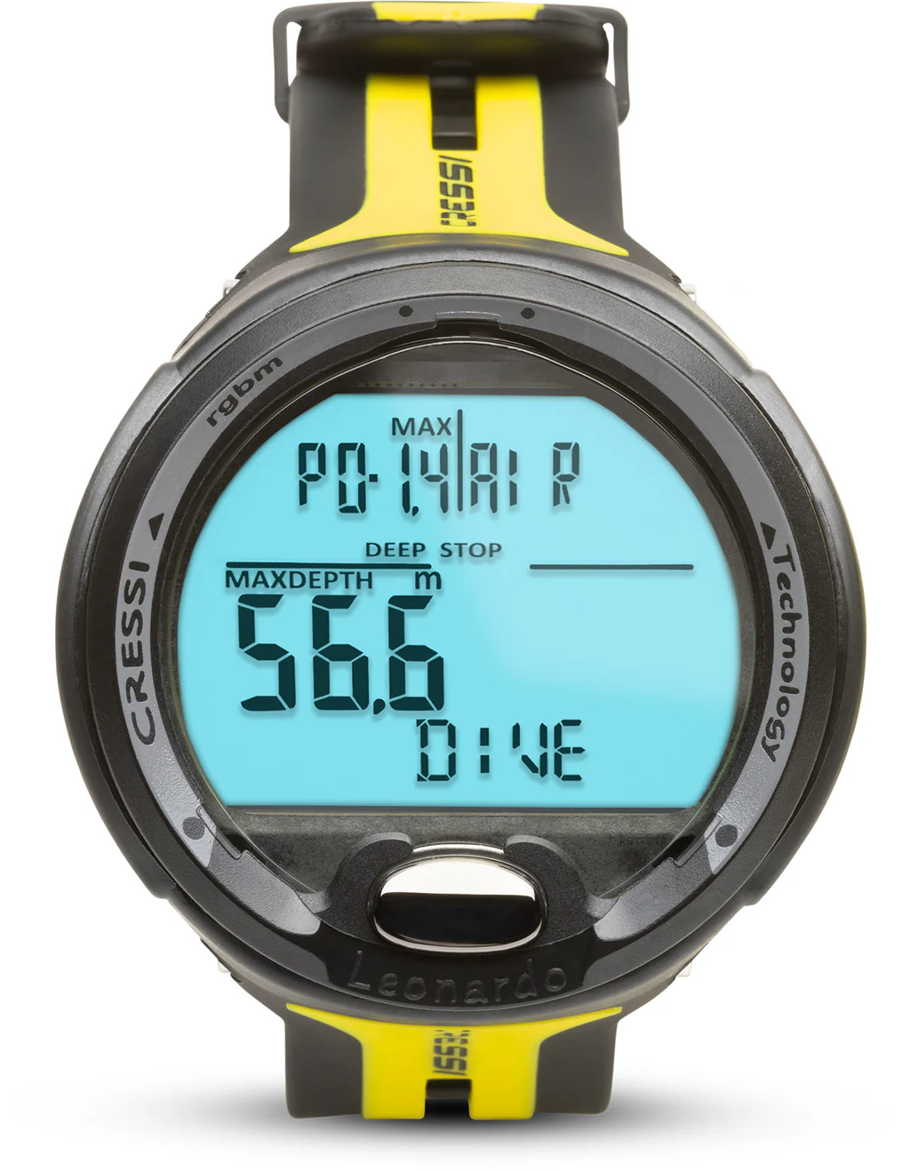 Cressi Leonardo 2.0 gelb Tauchcomputer in Frontansicht, auf der das übersichtliche Display zu sehen ist