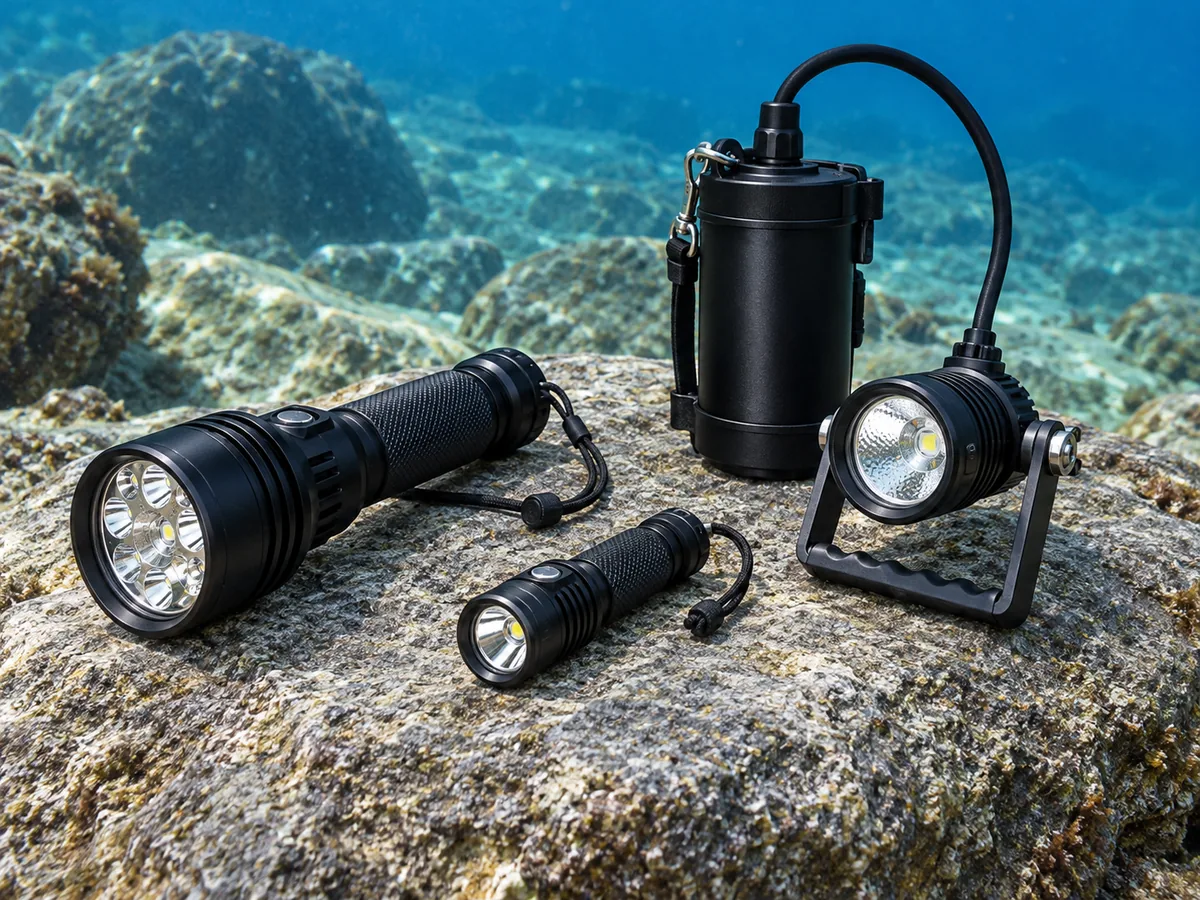 Handlampe, kompakte Backup-Lampe und Tanklampe auf einem Tisch.