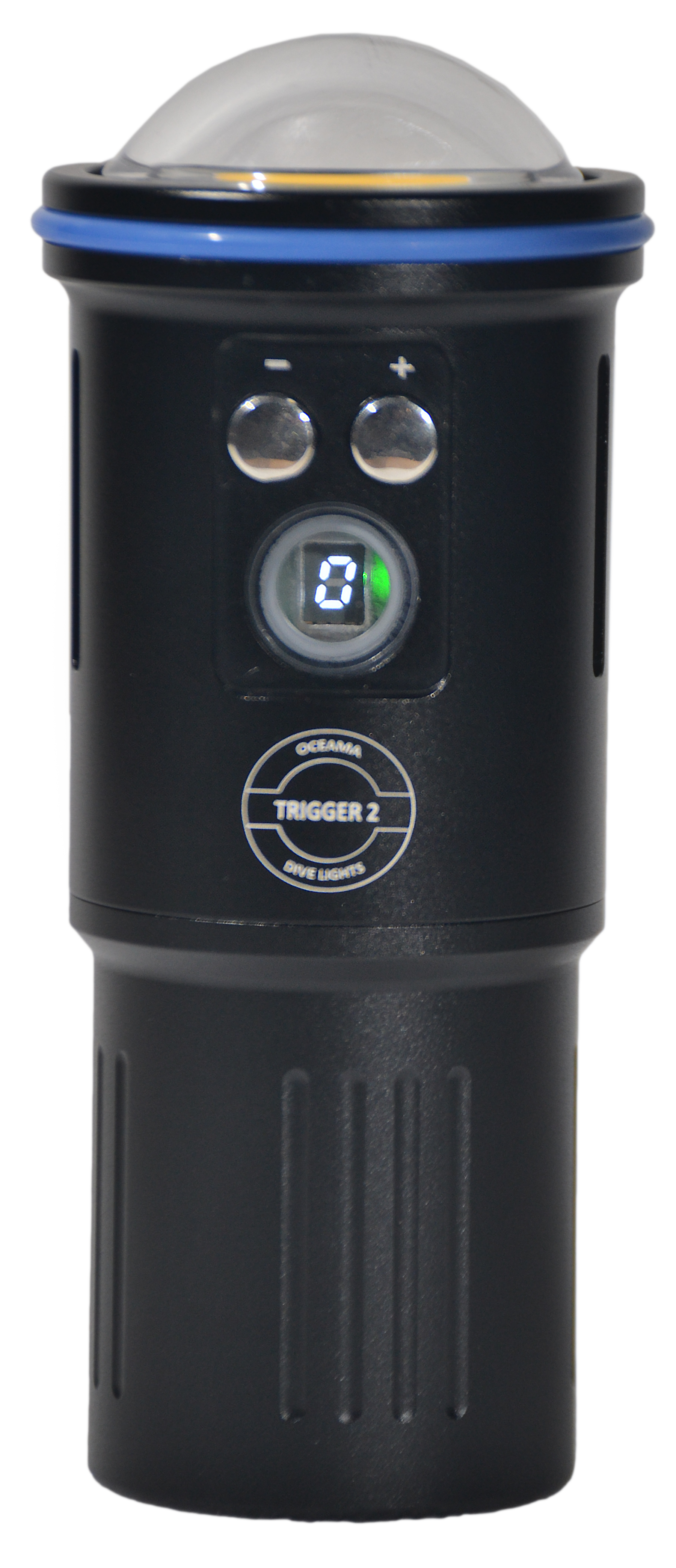 Detailansicht der beiden Edelstahl-Druckknöpfe und der Digitalanzeige zur exakten Akkukontrolle der Oceama Trigger 2.