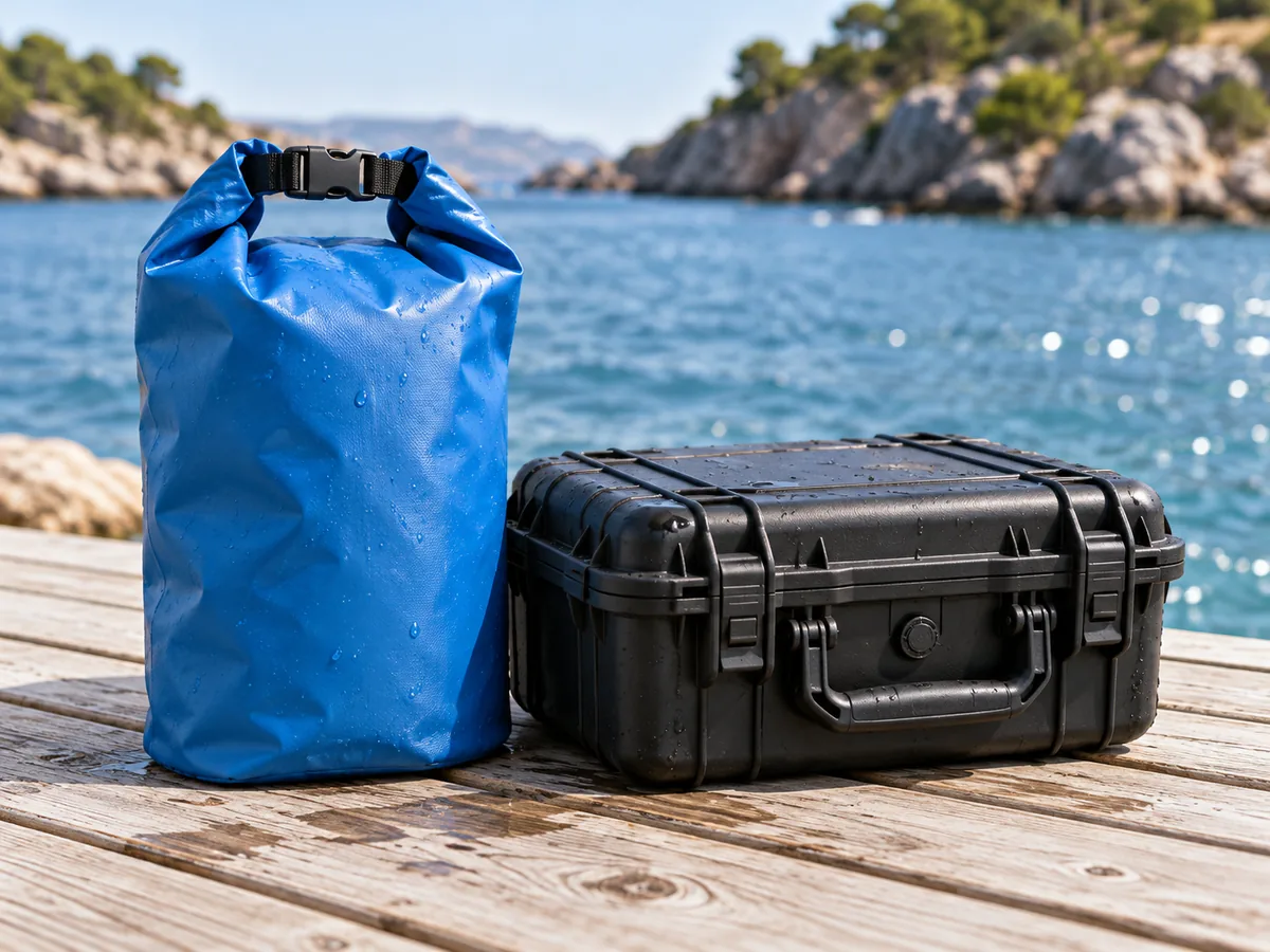 Rollverschluss-Trockentasche und robuste Aufbewahrungsbox am Wasser.