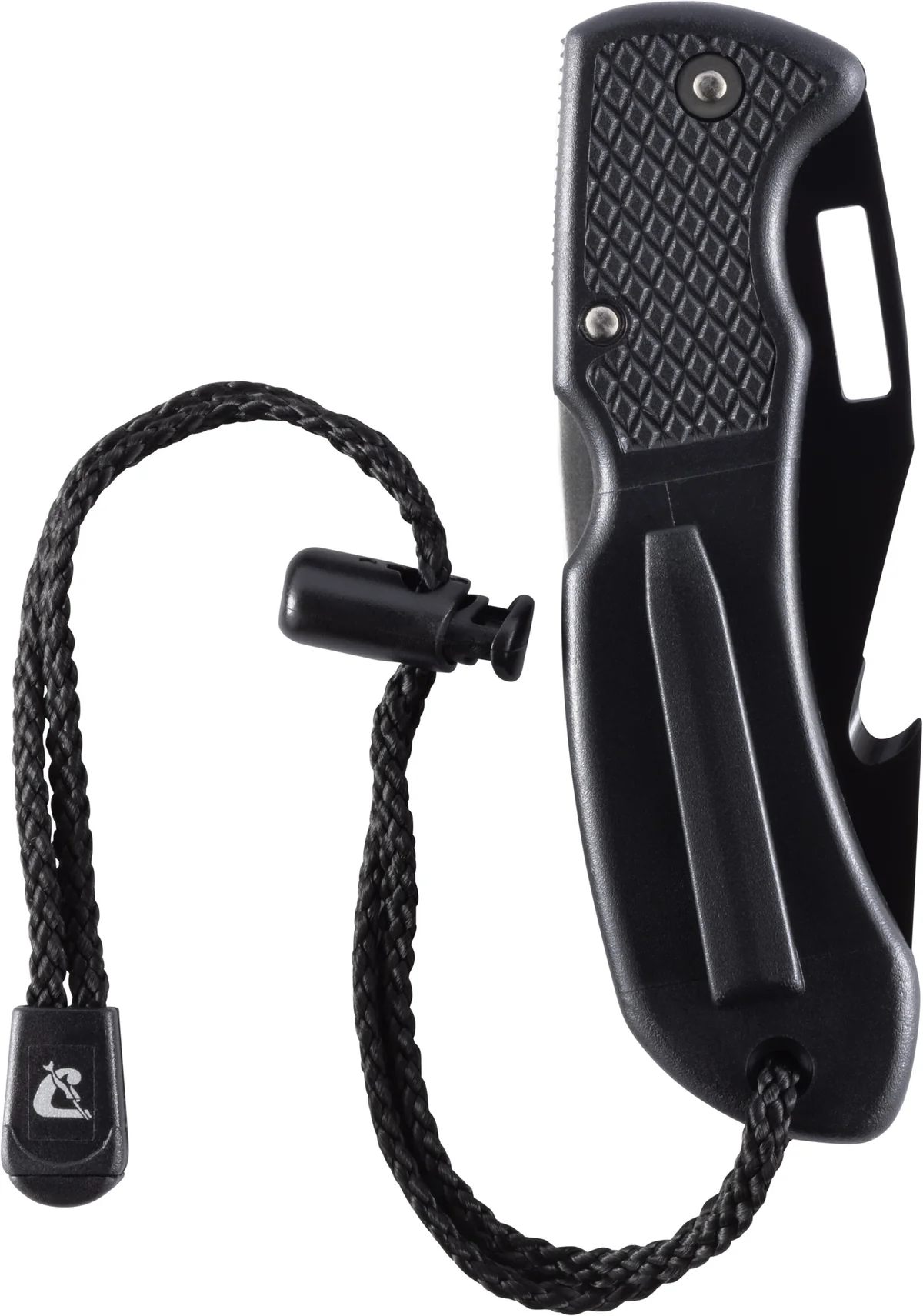 Zusammengeklapptes Cressi Chaku Klappmessers, die die integrierte Öse zur sicheren Befestigung mit einem Karabiner in der Jacket-Tasche zeigt.