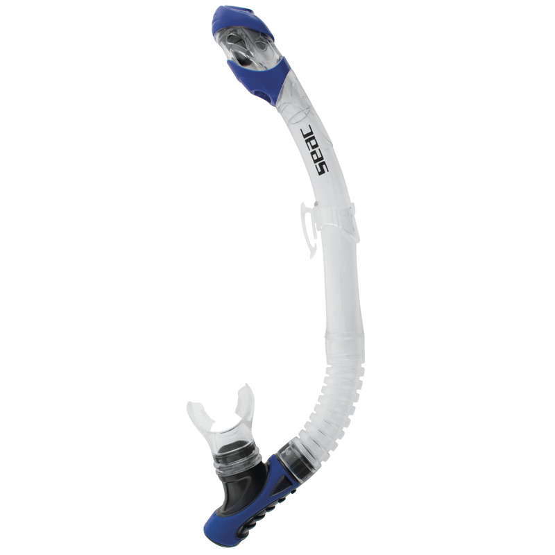 Der Seac Reverse Dry Schnorchel mit automatischem Dry-Top-Ventil, flexiblem Faltenschlauch und beidseitig tragbarem Silikonmundstück.