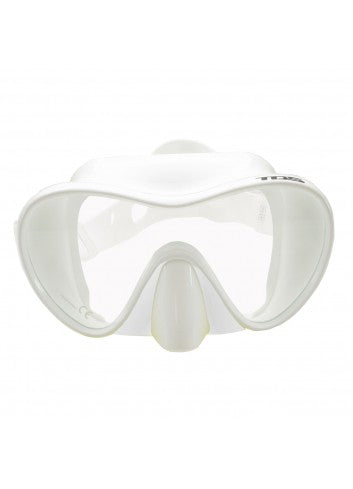 Die TDS Maske Fun in der eleganten, weißen Ausführung in der Frontansicht mit kristallklarem Sicherheitsglas und weißem Silikonkörper.