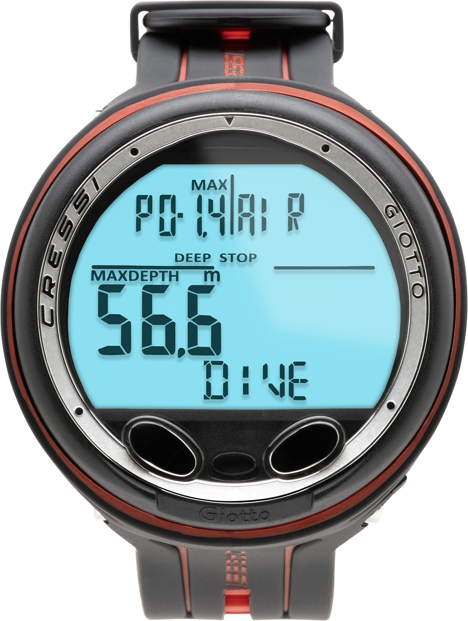 Front Der Cressi Giotto Tauchcomputer mit rot Akzenten