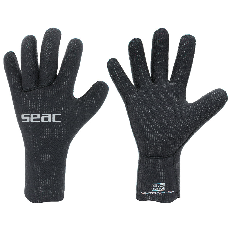 Die Seac Ultraflex 5 mm Tauchhandschuhe in der Frontansicht. Hochelastisches Ultra-Stretch-Neopren mit griffiger Mikroporen-Beschichtung.