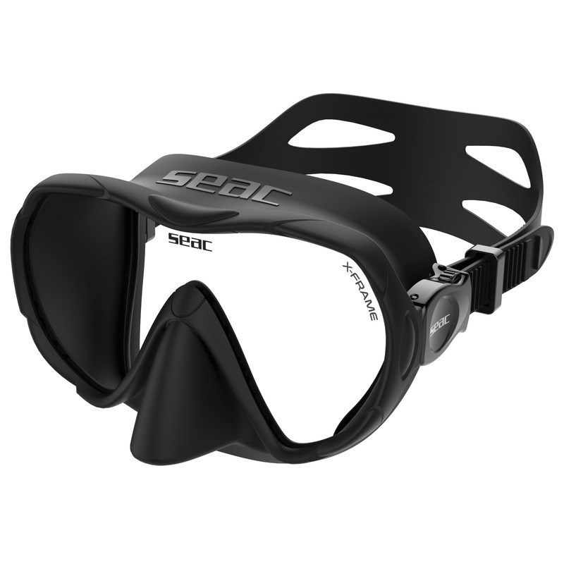 Die Seac X-Frame Tauchmaske in der Frontansicht. Rahmenloses Einglas-Design mit X-Rahmen-Struktur für maximales Sichtfeld und leichten Sitz.