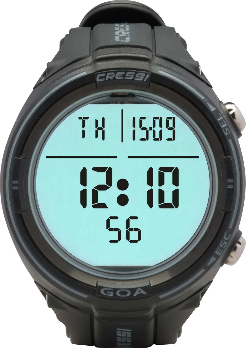 Kompakter Cressi Goa Tauchcomputer in der sportlichen Farbkombination Schwarz und Grau, mit gut lesbarem digitalem Display für Scuba- und Apnoetauchen.