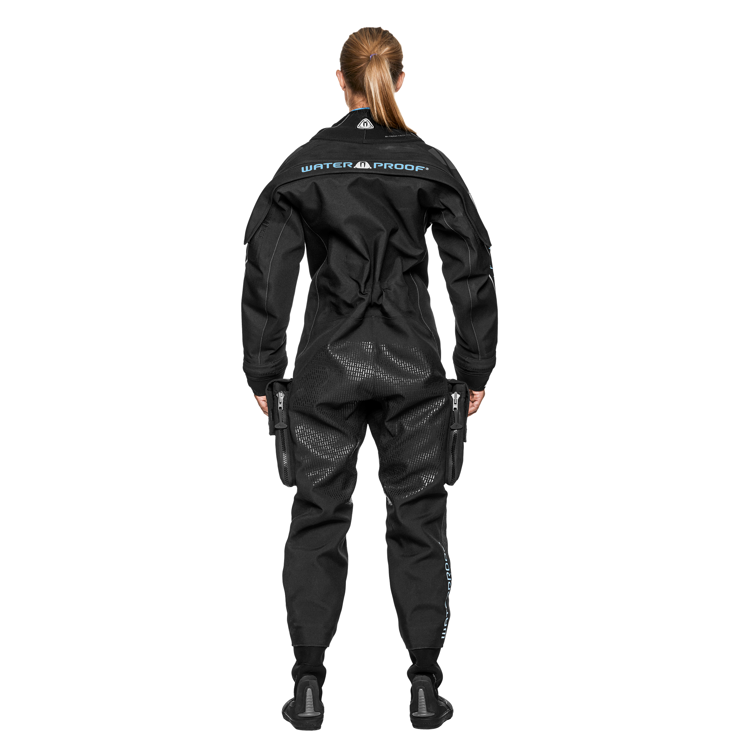 Rückenansicht des Waterproof D1X Hybrid Frauen Drysuits mit anatomischer Passform