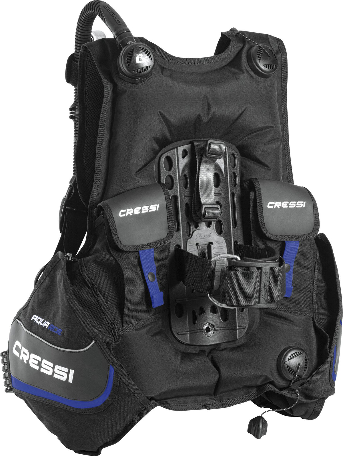 Das Cressi Aquaride ADV Tarierjacket in der Rückansicht, die die robusten Flaschengurte, die Trimmbleitaschen und das widerstandsfähige 420D Nylonmaterial zeigt.