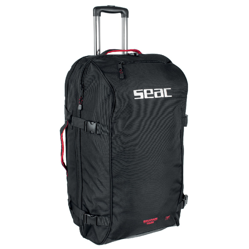 Die große Seac Equipage 1000 Trolley-Tauchtasche mit 140 Litern Volumen, Teleskopgriff und robusten Skaterrollen.