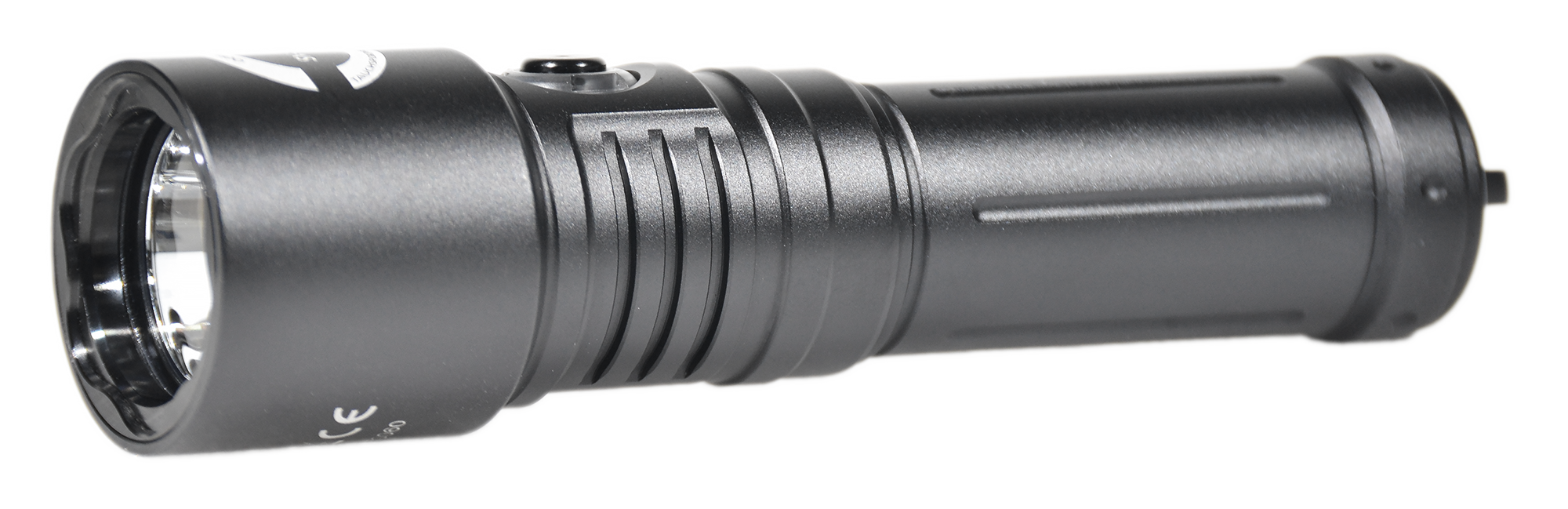 Die kompakte Oceama Snake LED-Tauchlampe aus schwarzem Aluminium mit 2000 Lumen und integriertem grünen Laserpointer.