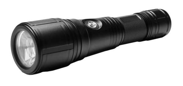 Die schwarze Oceama Shark LED-Tauchlampe aus harteloxiertem Aluminium mit 2500 Lumen Leuchtkraft und variablem Fokus.