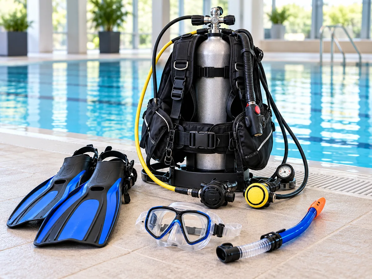 Tauchmaske, Flossen und Ausrüstung am Rand eines Trainingsbeckens.