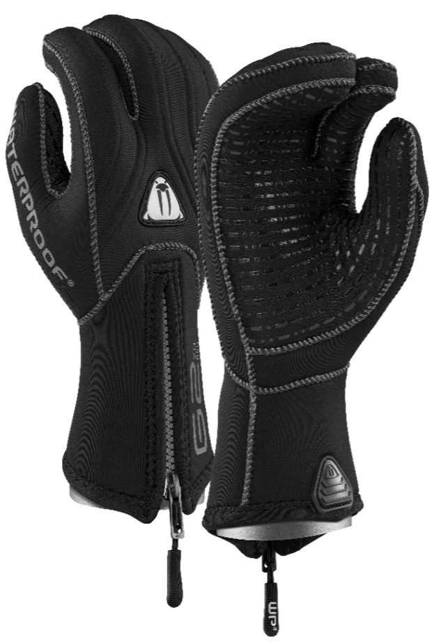 Waterproof G2 7mm 3-Finger Neoprenhandschuh in Schwarz mit offenem Reißverschluss und Glattneopren-Dichtmanschette für Kaltwassertauchen